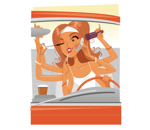 Dibujo de una mujer maquillándose al volante