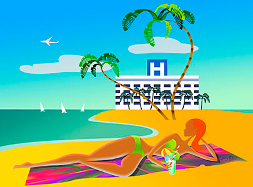 Dibujo de una mujer al sol con un hospital de fondo