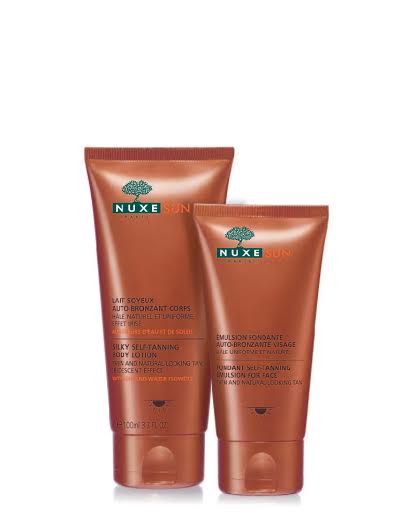 Línea Nuxe de autobronceadores: emulsión para el rostro y leche para el cuerpo.