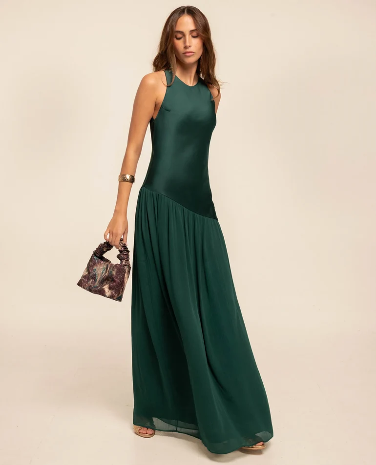 Vestido Largo Esmeralda Corte Asimetrico Cuerpo Entallaso Invitada Mujer